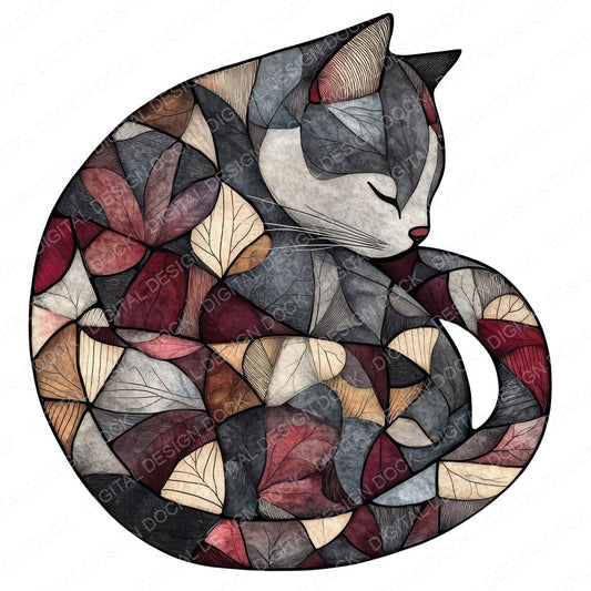Flat Folk Art Cat Sleep fussy cut sheet in A4 format showing all 12 designs on one printable page