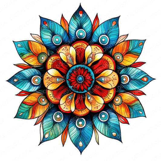 Flat Folk Art Feather Mandala fussy cut sheet in A4 format showing all 12 designs on one printable page
