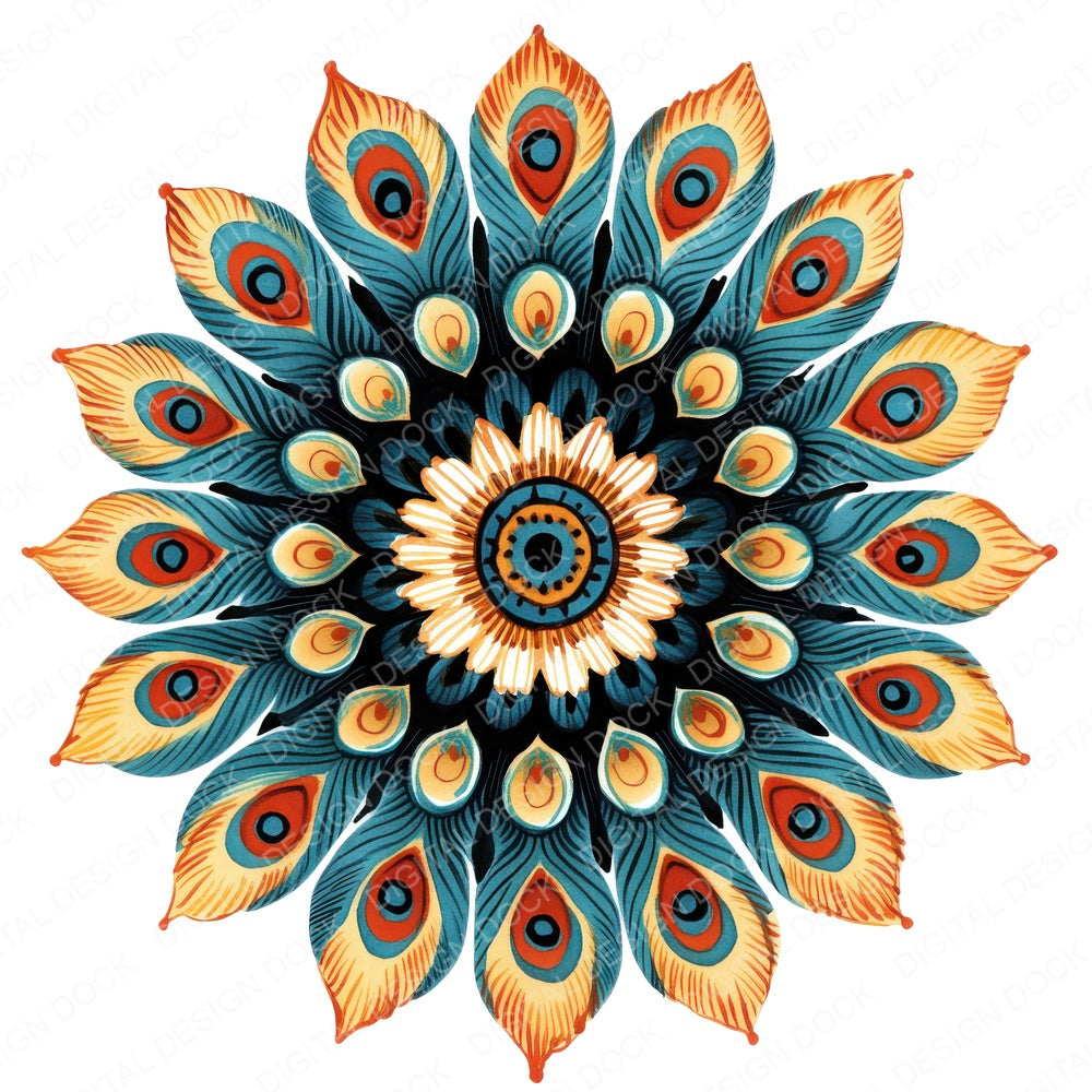 Flat Folk Art Feather Mandala fussy cut sheet in US Letter format showing all 12 designs on one printable page