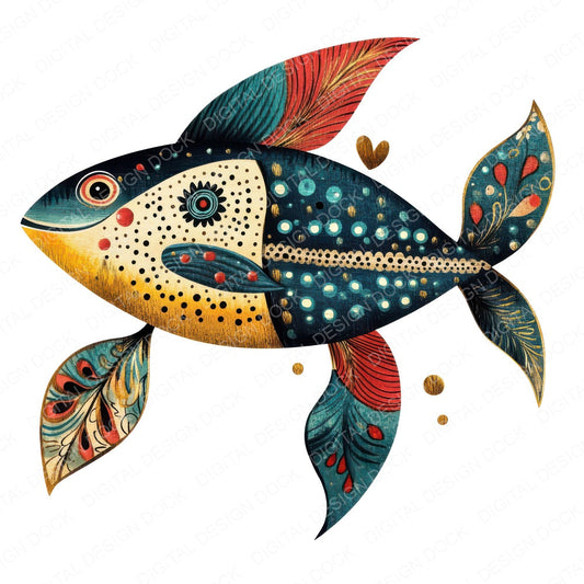 Flat Folk Art Fish Patterned fussy cut sheet in A4 format showing all 12 designs on one printable page