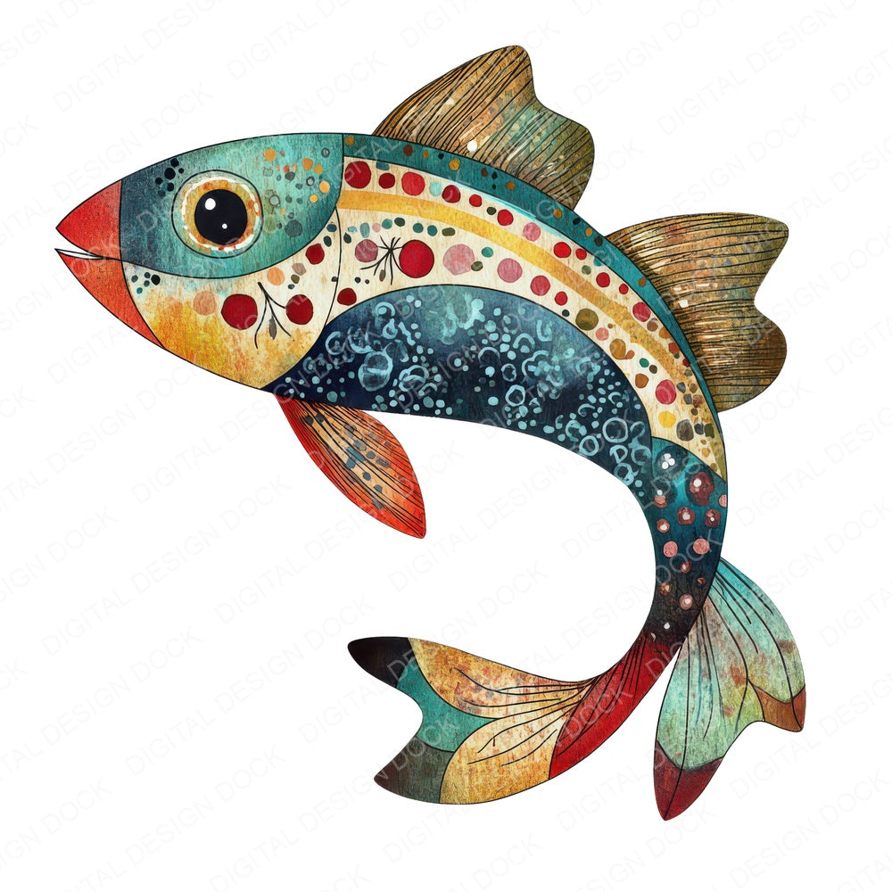 Flat Folk Art Fish Patterned fussy cut sheet in US Letter format showing all 12 designs on one printable page