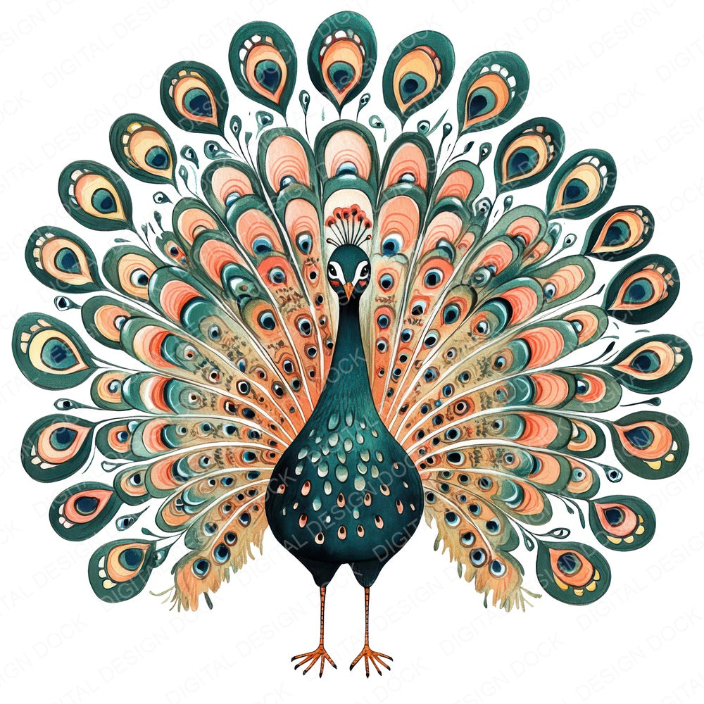Flat Folk Art Front Peacock fussy cut sheet in A4 format showing all 12 designs on one printable page