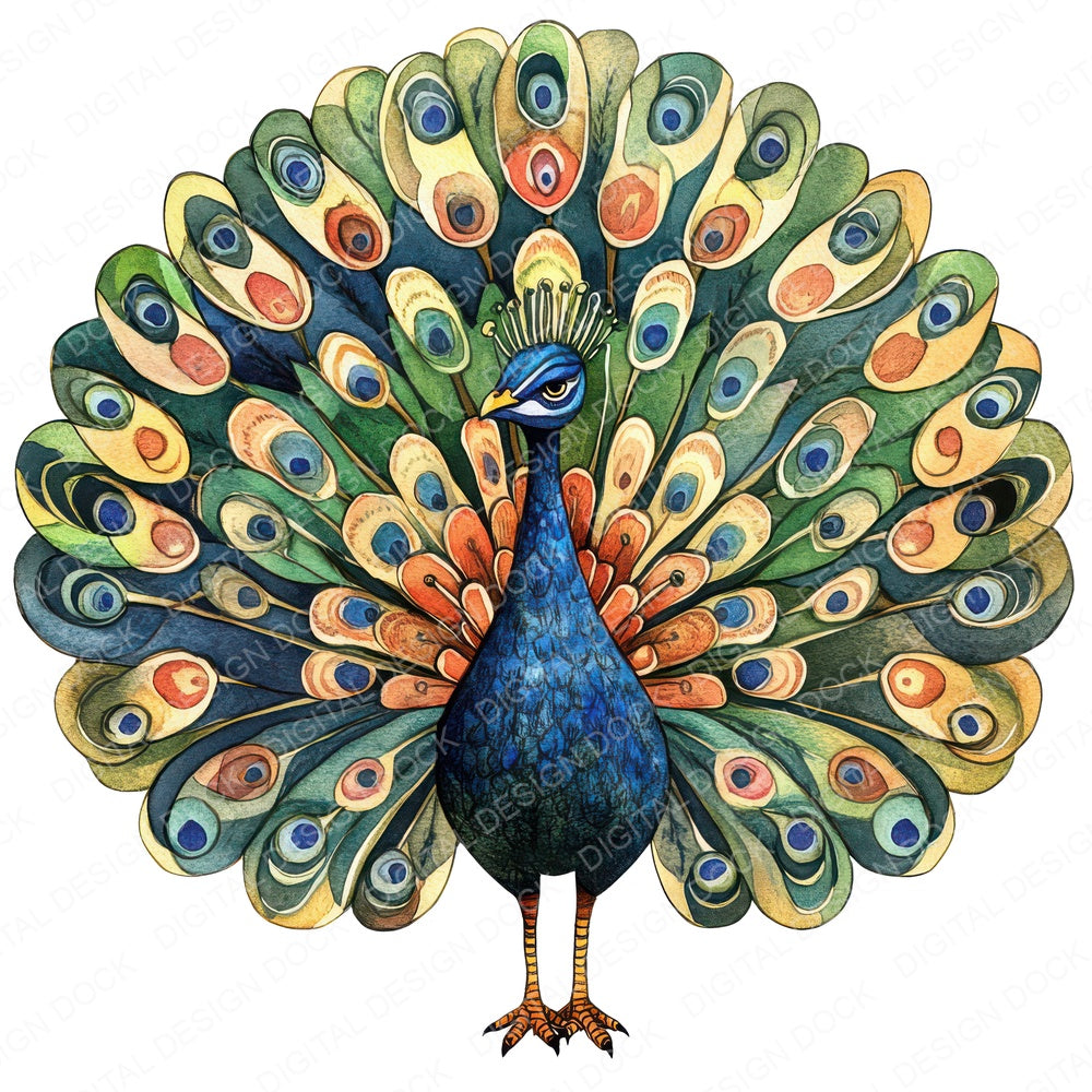 Flat Folk Art Front Peacock fussy cut sheet in US Letter format showing all 12 designs on one printable page