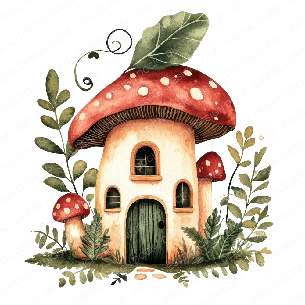 Flat Folk Art Mushroom House fussy cut sheet in A4 format showing all 12 designs on one printable page