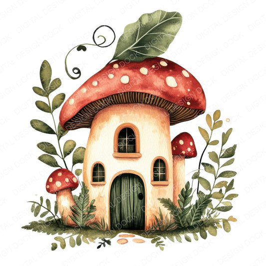 Flat Folk Art Mushroom House fussy cut sheet in A4 format showing all 12 designs on one printable page