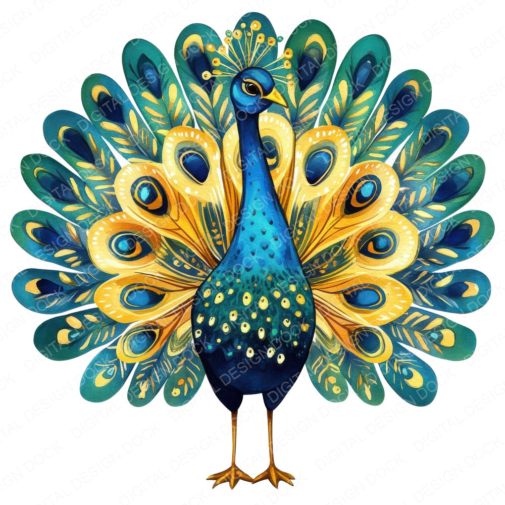 Flat Folk Art Peacock Fan fussy cut sheet in US Letter format showing all 12 designs on one printable page
