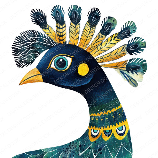 Flat Folk Art Peacock Head fussy cut sheet in A4 format showing all 12 designs on one printable page