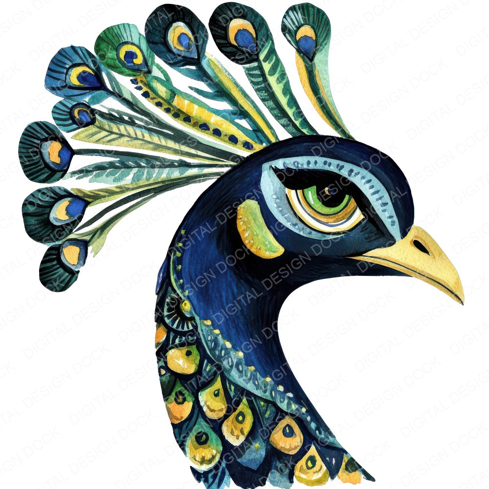 Flat Folk Art Peacock Head fussy cut sheet in US Letter format showing all 12 designs on one printable page