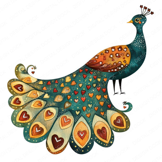 Flat Folk Art Peacock Trail fussy cut sheet in A4 format showing all 12 designs on one printable page