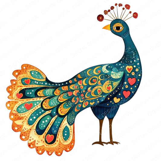 Flat Folk Art Peacock Trail Clipart Set (DDD005349)