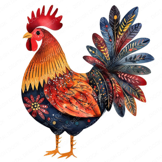 Flat Folk Art Rooster fussy cut sheet in A4 format showing all 12 designs on one printable page