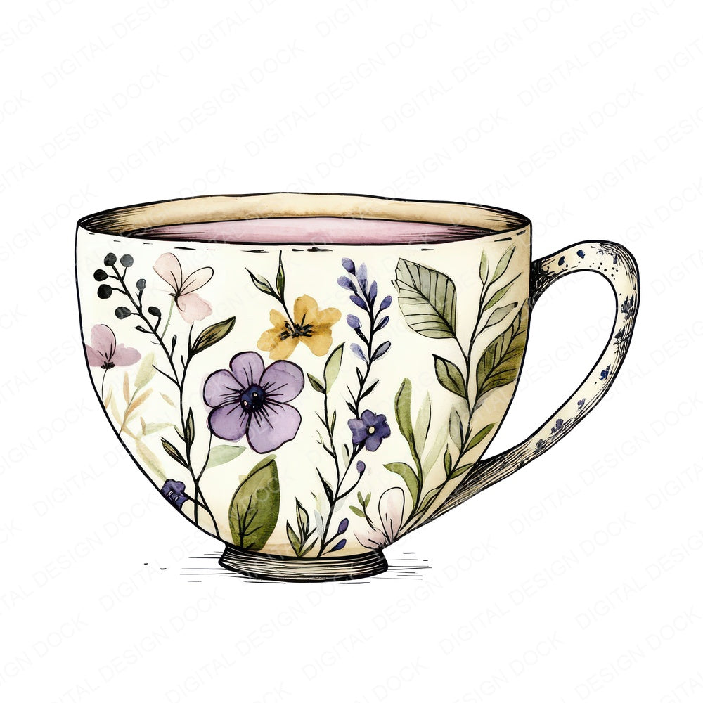 Flat Folk Art Teacup fussy cut sheet in A4 format showing all 12 designs on one printable page