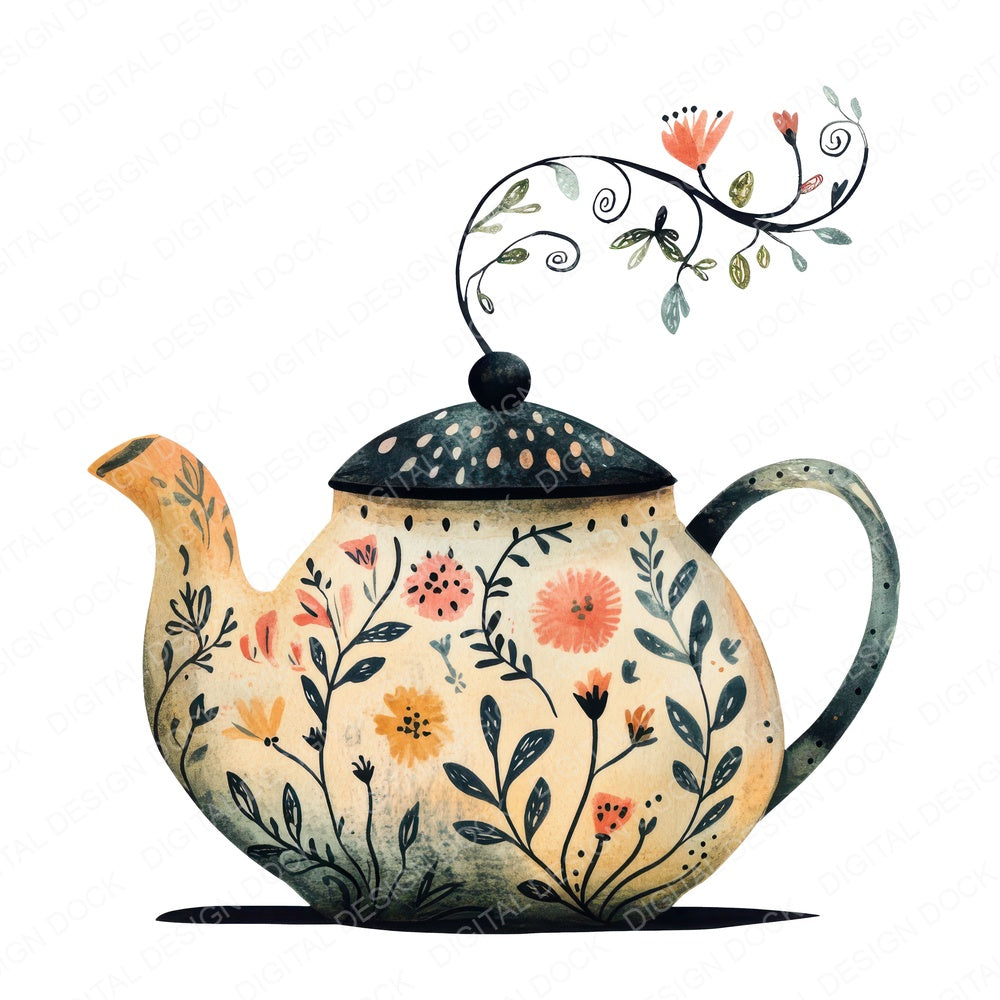 Flat Folk Art Teapot Vines fussy cut sheet in A4 format showing all 12 designs on one printable page