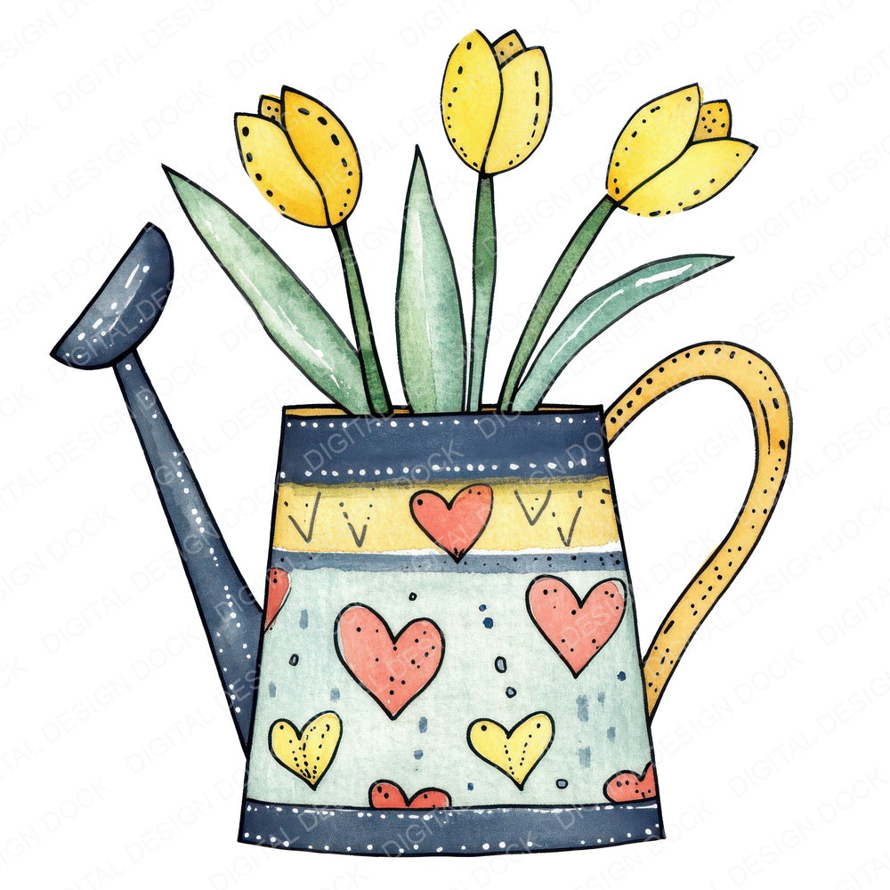 Flat Folk Art Watering Can fussy cut sheet in A4 format showing all 12 designs on one printable page