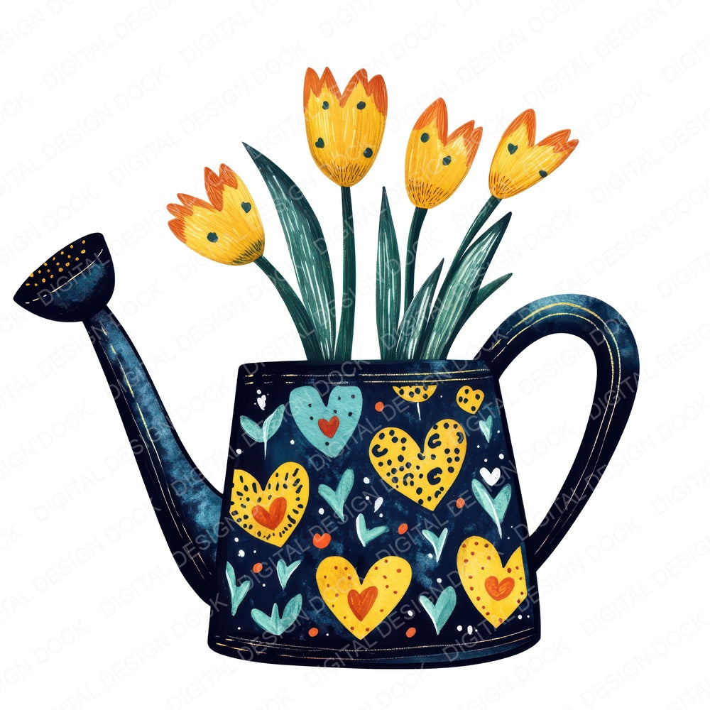 Flat Folk Art Watering Can fussy cut sheet in US Letter format showing all 12 designs on one printable page