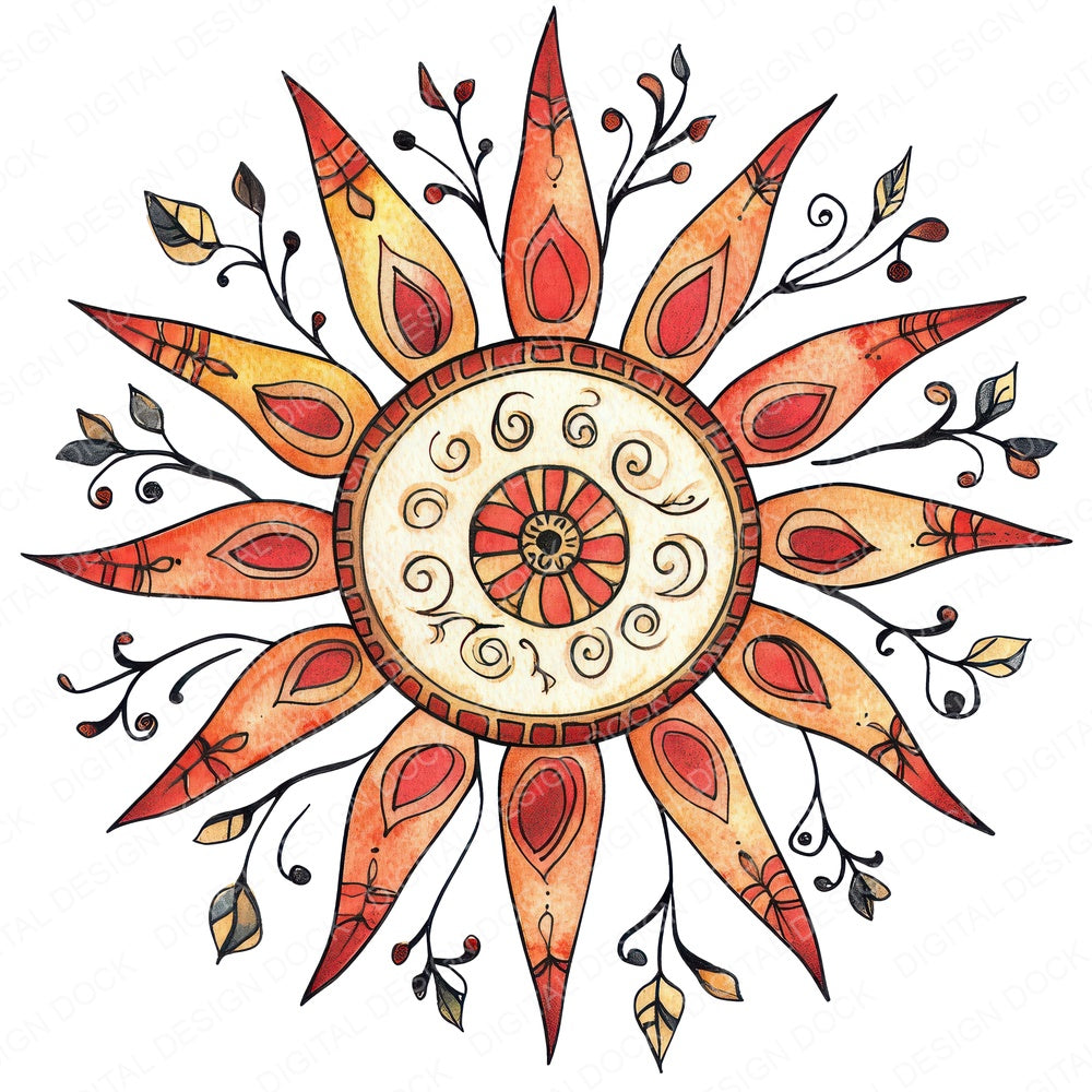 Flat Folk Sunburst fussy cut sheet in US Letter format showing all 12 designs on one printable page