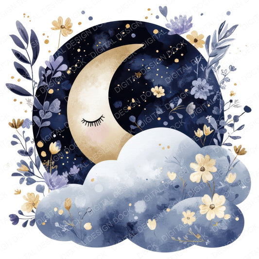 Flat Moon Resting Cloud fussy cut sheet in A4 format showing all 12 designs on one printable page