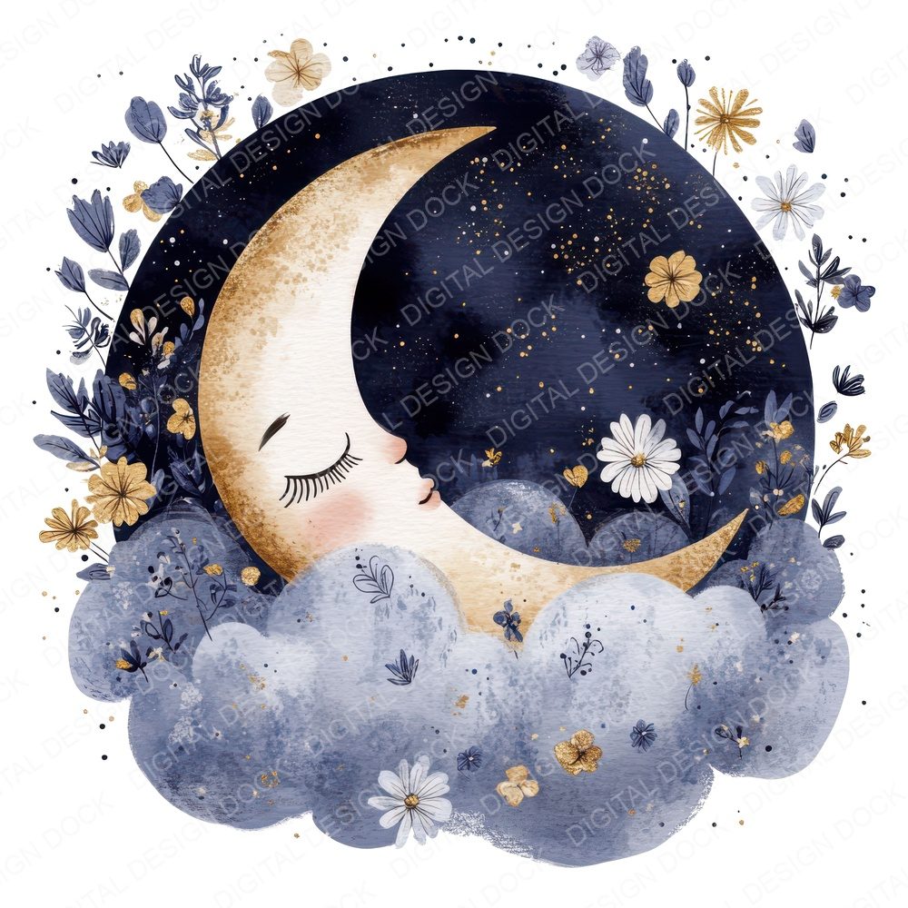 Flat Moon Resting Cloud Clipart Set (DDD005361)