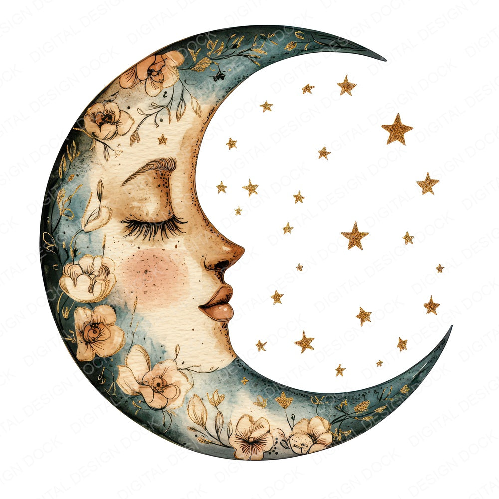 Flat Moon with Florals fussy cut sheet in A4 format showing all 12 designs on one printable page