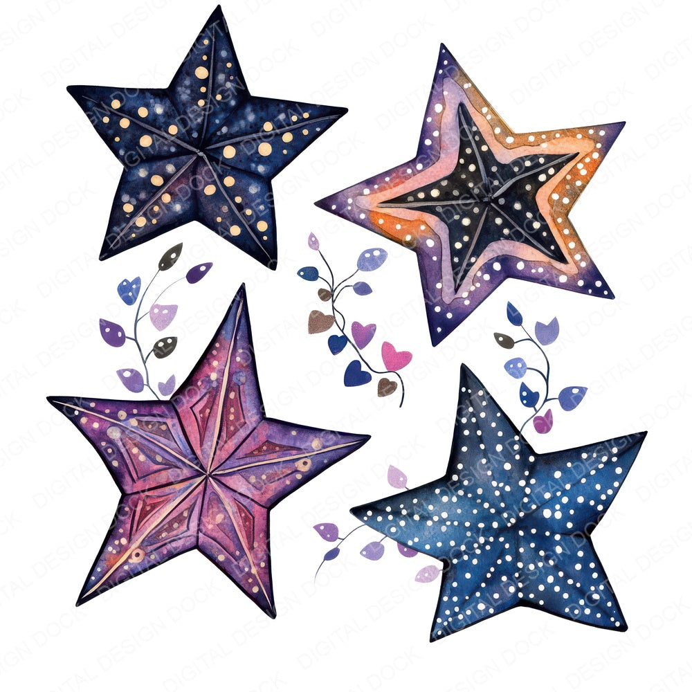 Flat Star Cluster Patterned fussy cut sheet in A4 format showing all 12 designs on one printable page