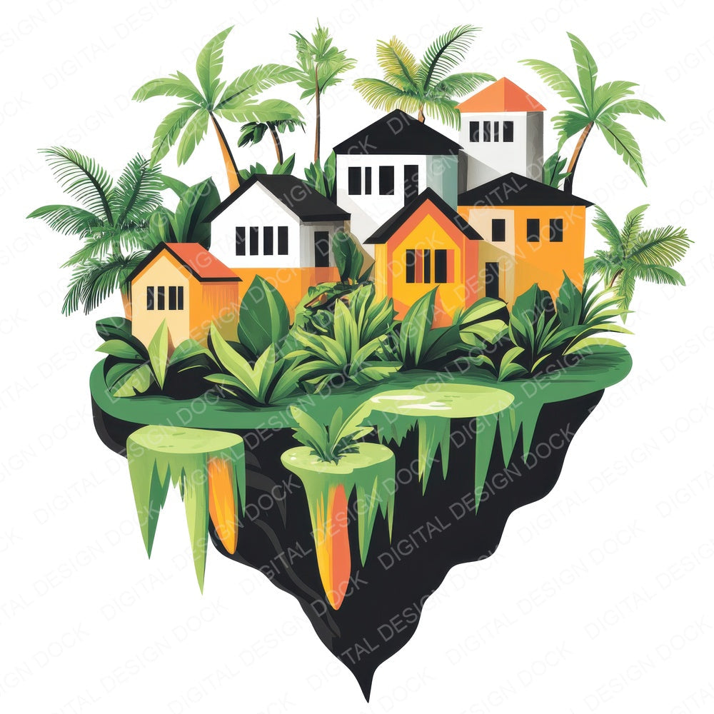 Floating Island Village fussy cut sheet in A4 format showing all 12 designs on one printable page