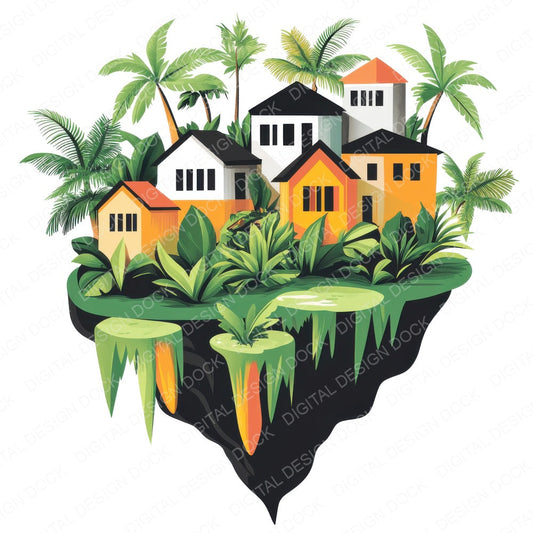 Floating Island Village fussy cut sheet in A4 format showing all 12 designs on one printable page