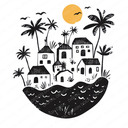 Floating Island Village fussy cut sheet in US Letter format showing all 12 designs on one printable page