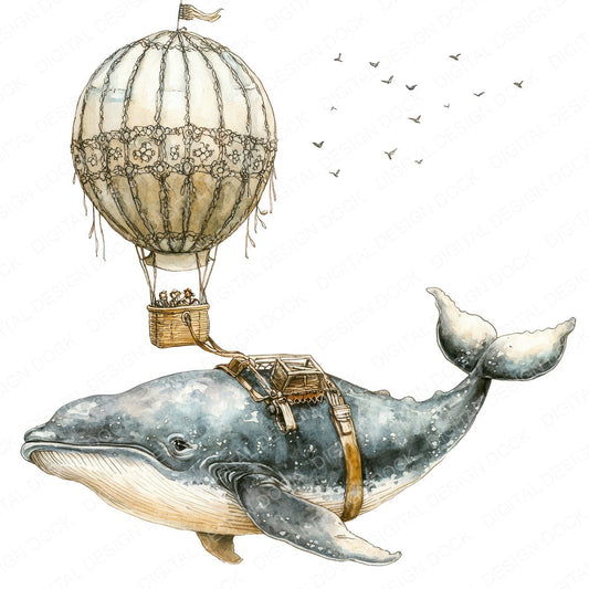 Floating Whale Balloon fussy cut sheet in US Letter format showing all 12 designs on one printable page