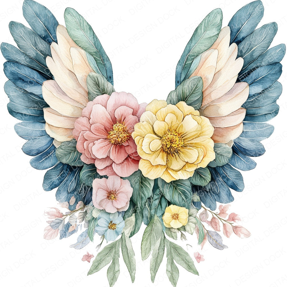 Floral Angel Wings fussy cut sheet in US Letter format showing all 12 designs on one printable page