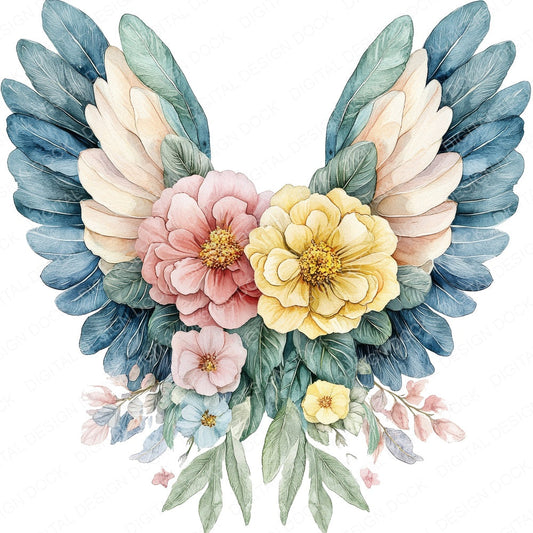 Floral Angel Wings fussy cut sheet in US Letter format showing all 12 designs on one printable page