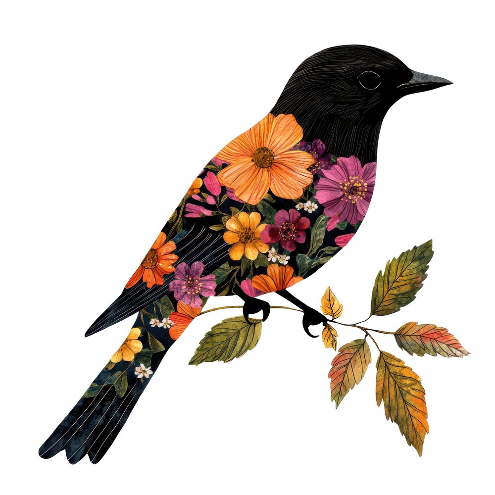 Floral Bird Silhouette Clipart Set (DDD005373)