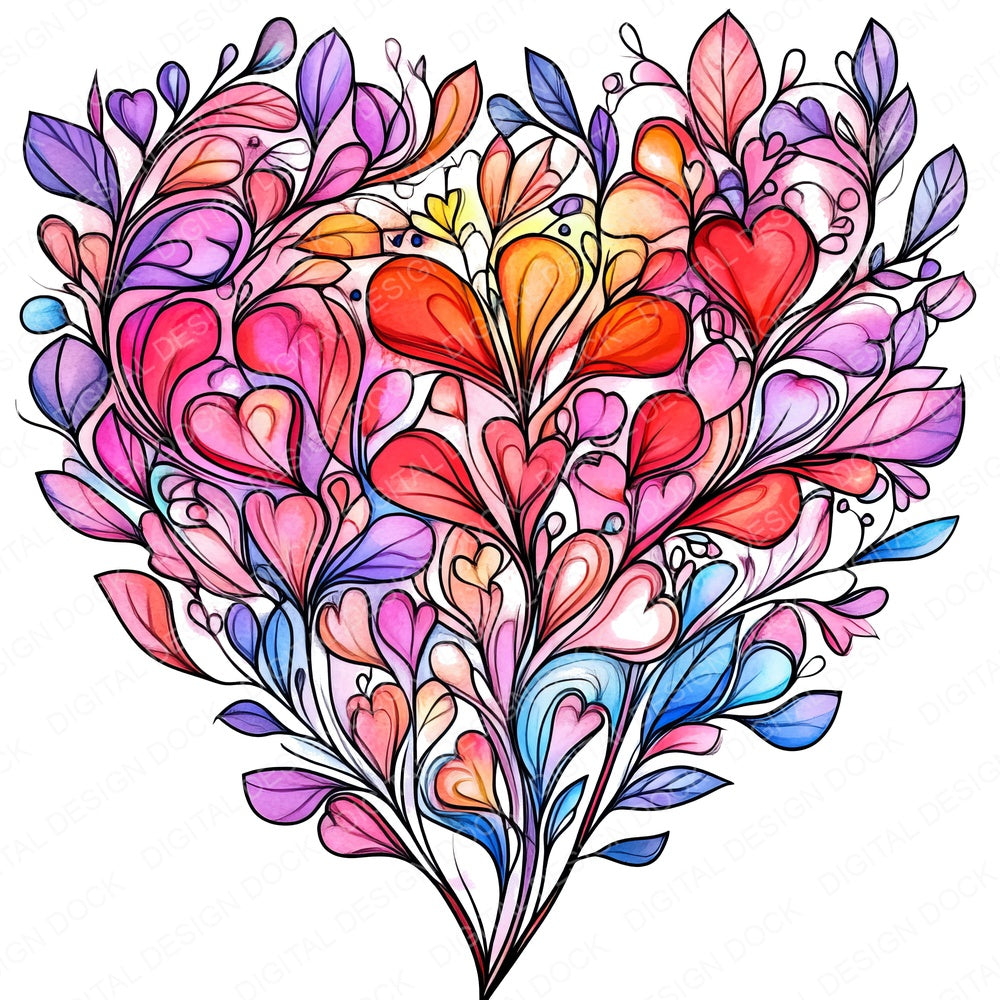Floral Boho Heart Design fussy cut sheet in A4 format showing all 12 designs on one printable page