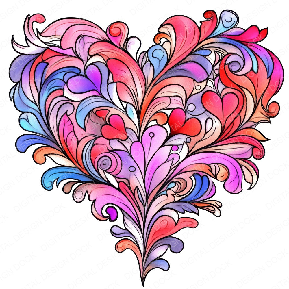 Floral Boho Heart Design fussy cut sheet in US Letter format showing all 12 designs on one printable page