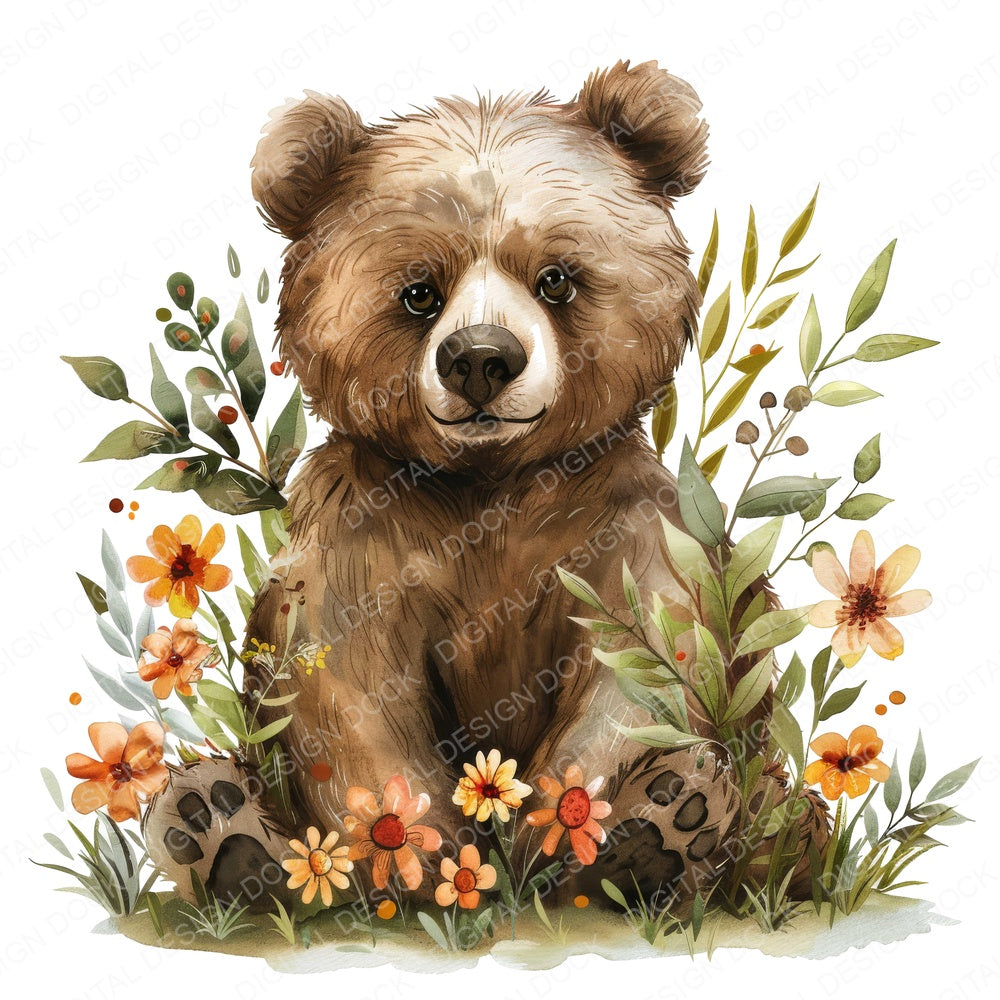 Floral Brown Bear fussy cut sheet in A4 format showing all 12 designs on one printable page