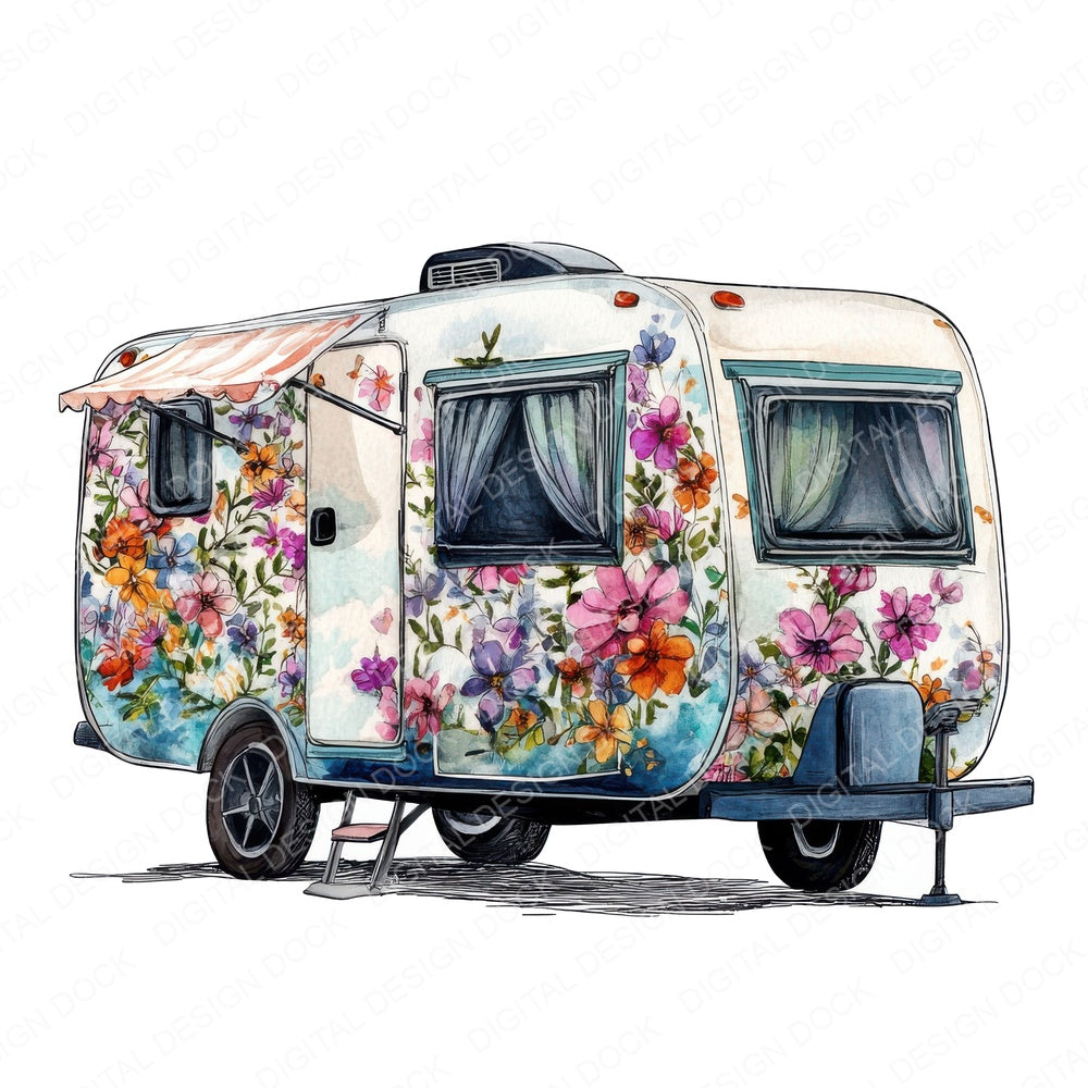 Floral Camping Trailer fussy cut sheet in A4 format showing all 12 designs on one printable page