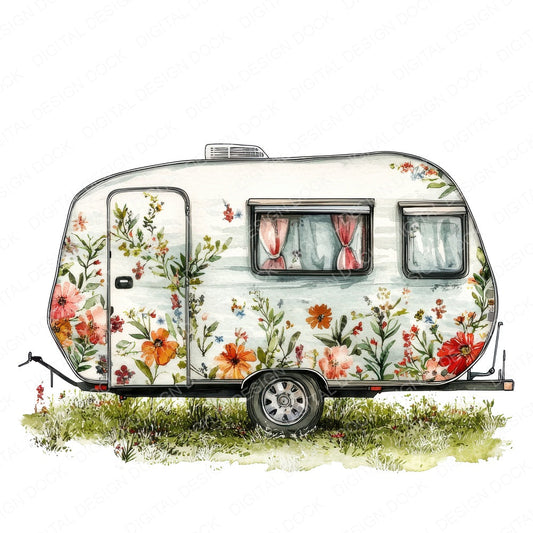 Floral Camping Trailer fussy cut sheet in US Letter format showing all 12 designs on one printable page