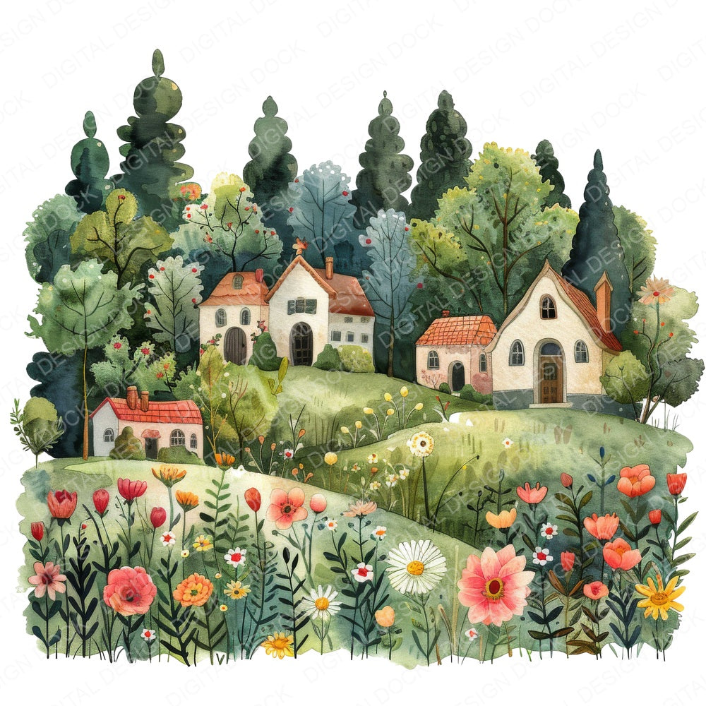 Floral Cartoon Village fussy cut sheet in A4 format showing all 12 designs on one printable page