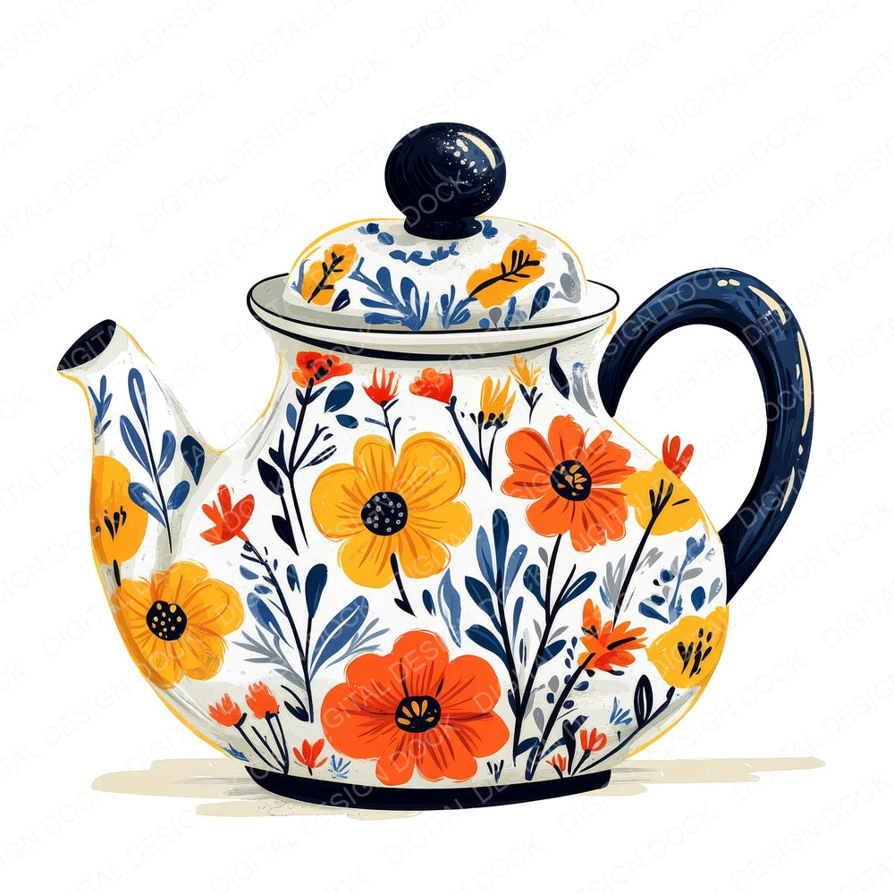 Floral Cottage Tea Pot fussy cut sheet in US Letter format showing all 12 designs on one printable page