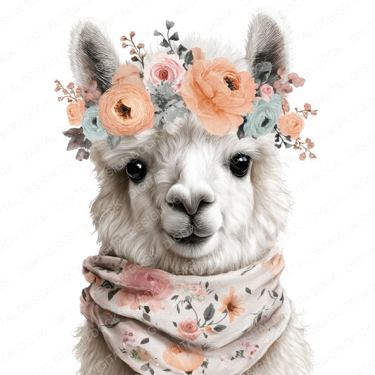 Floral Crown Llama fussy cut sheet in A4 format showing all 12 designs on one printable page