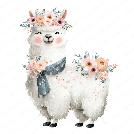 Floral Crown Llama fussy cut sheet in US Letter format showing all 12 designs on one printable page