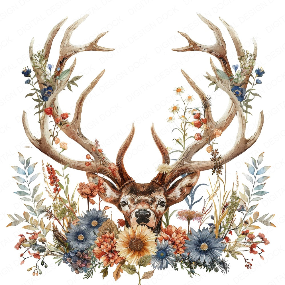 Floral Deer Antlers B fussy cut sheet in A4 format showing all 12 designs on one printable page