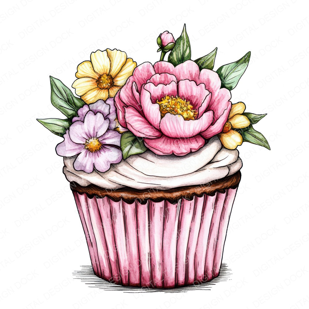 Floral Frosted Cupcake fussy cut sheet in US Letter format showing all 12 designs on one printable page