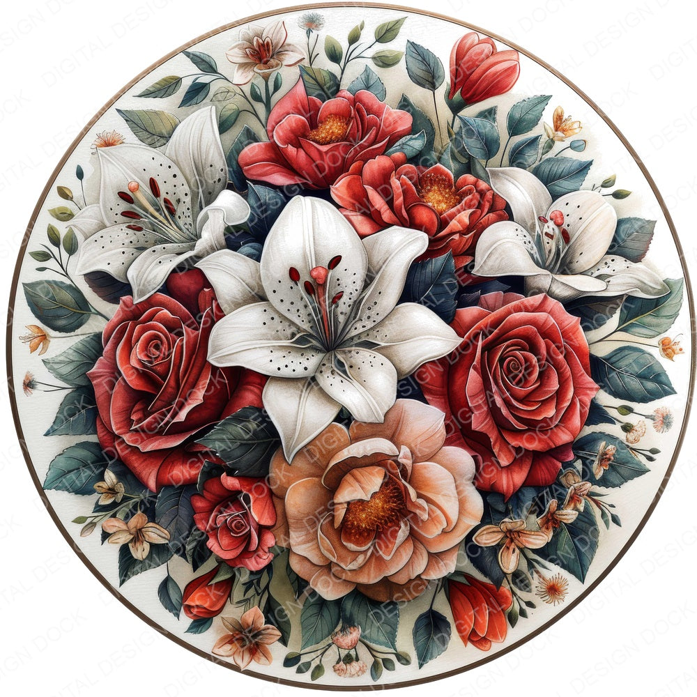 Floral Mandala Roses and Lilies fussy cut sheet in A4 format showing all 12 designs on one printable page