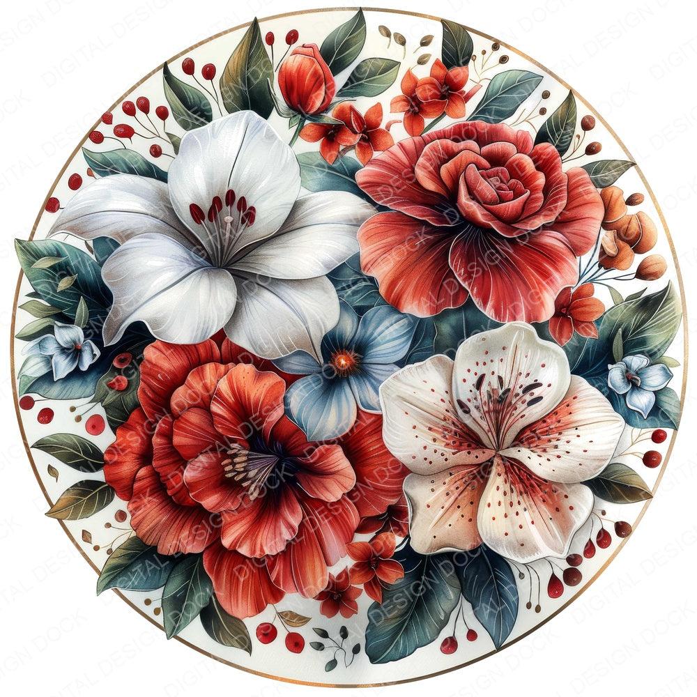 Floral Mandala Roses and Lilies fussy cut sheet in US Letter format showing all 12 designs on one printable page