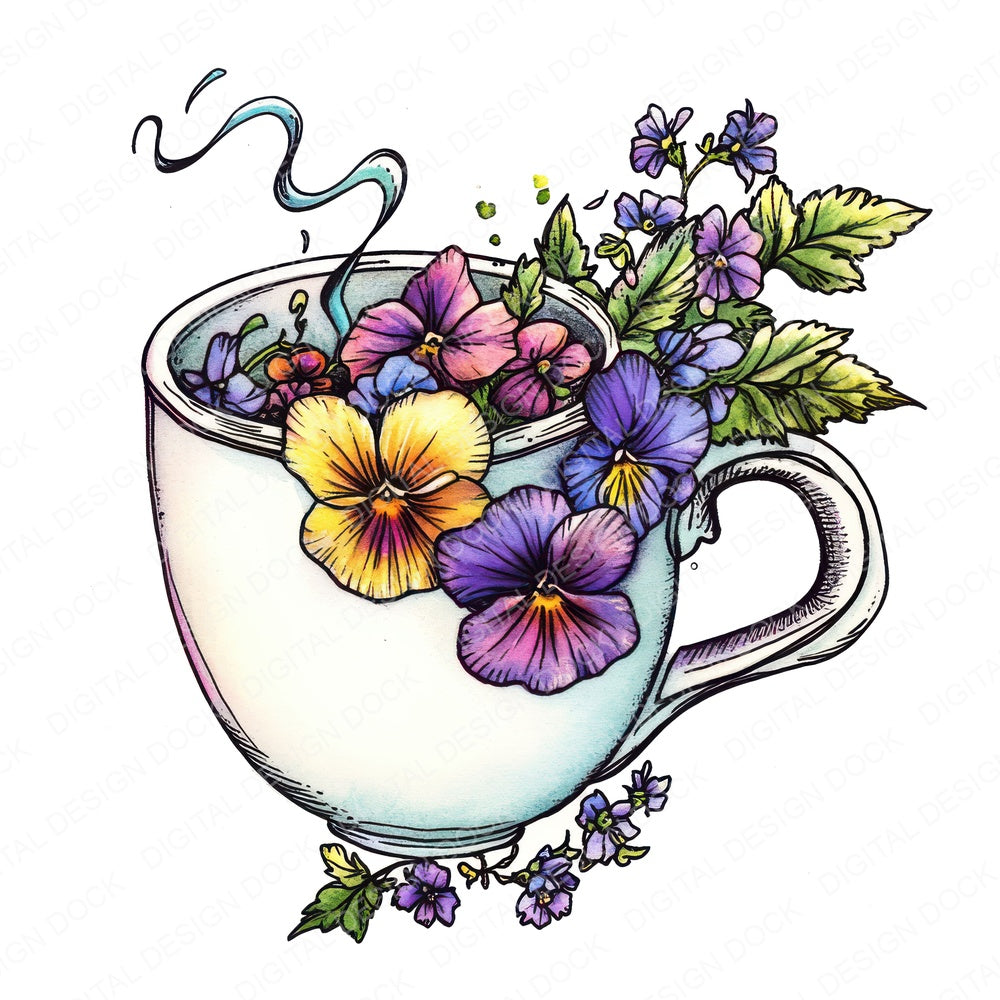 Floral Mug with Spilled Blooms fussy cut sheet in A4 format showing all 12 designs on one printable page