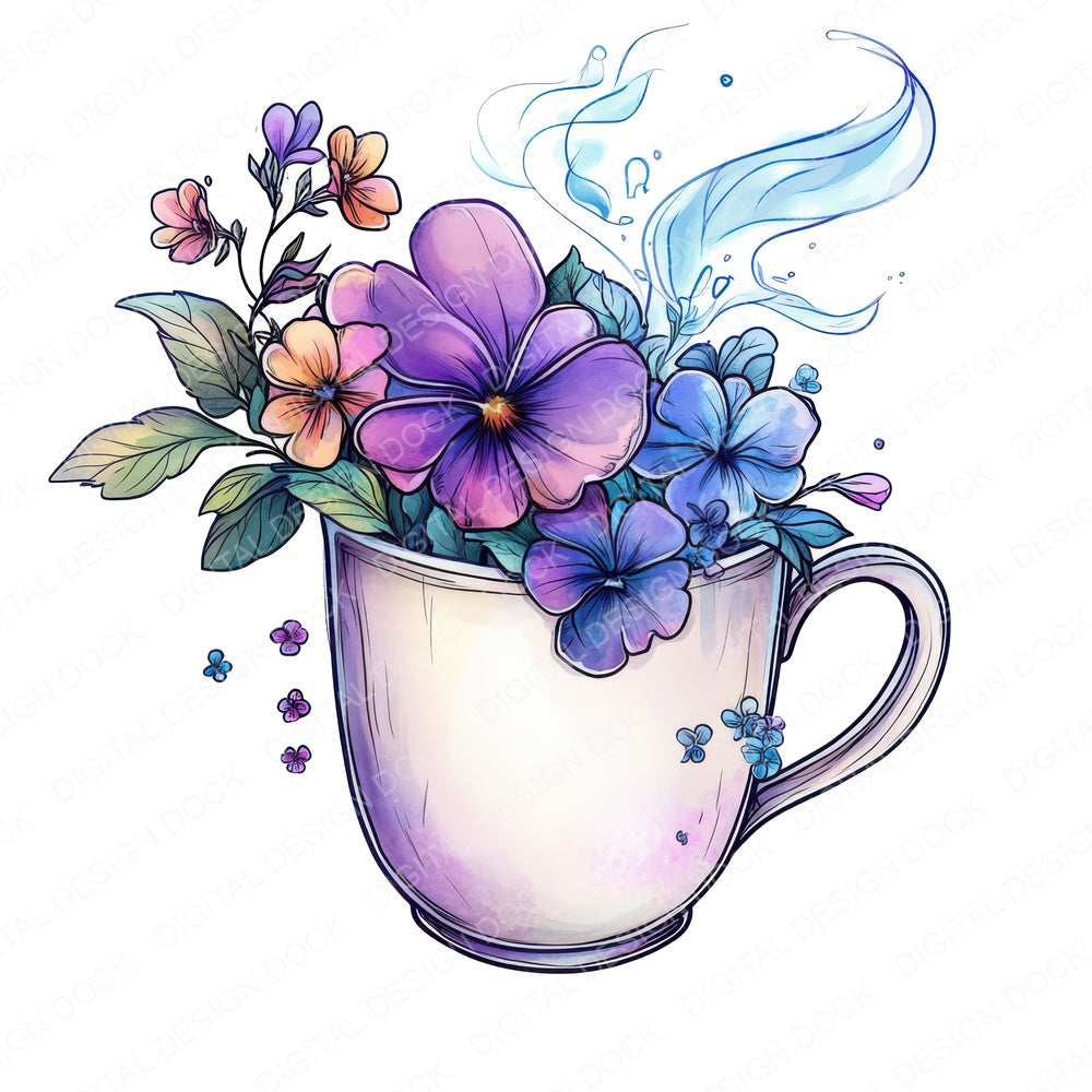 Floral Mug with Spilled Blooms fussy cut sheet in US Letter format showing all 12 designs on one printable page