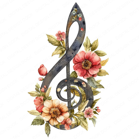 Floral Music Clef fussy cut sheet in US Letter format showing all 12 designs on one printable page
