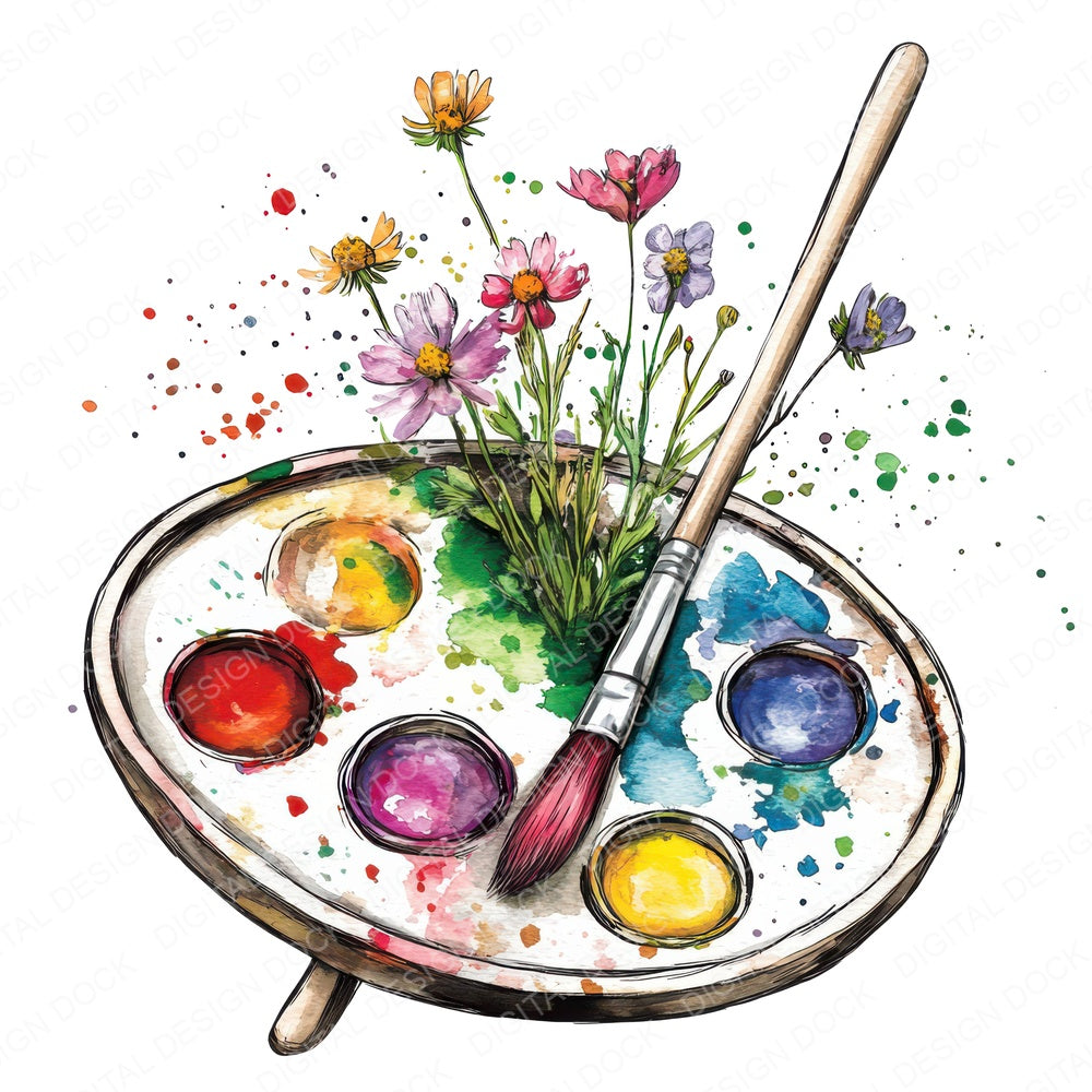 Floral Paint Palette fussy cut sheet in US Letter format showing all 12 designs on one printable page