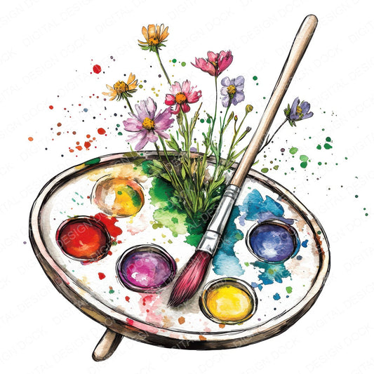 Floral Paint Palette fussy cut sheet in US Letter format showing all 12 designs on one printable page