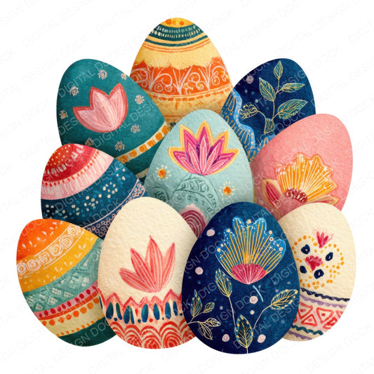 Floral Pattern Easter Eggs fussy cut sheet in A4 format showing all 12 designs on one printable page